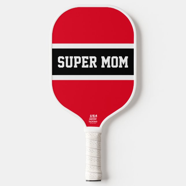 Hellblauer Schwarz-weißer Streifen SUPER MAMA Text Pickleball Schläger (Vorderseite)
