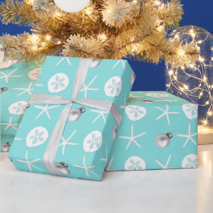 Hellblauer Seestern Sanddollar Tropisches Weihnach Geschenkpapier