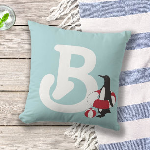 Hellblauer süßer Cartoon-Pinguin Kinder-Monogramm Kissen