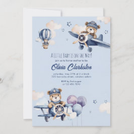 Hellblauer Teddybär-Flugzeug-Baby-Party Einladung