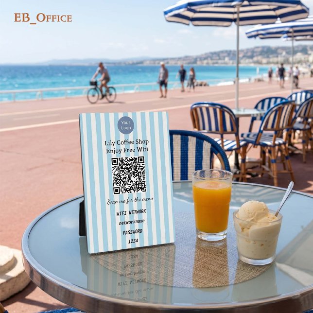 Hellblauer vertikaler Streifen QR-Code-Wifi-Sockel Fotoplatte (Modern Blue Vertical Stripes
QR Code Wifi-Fi Plaque
5” X 7”
)