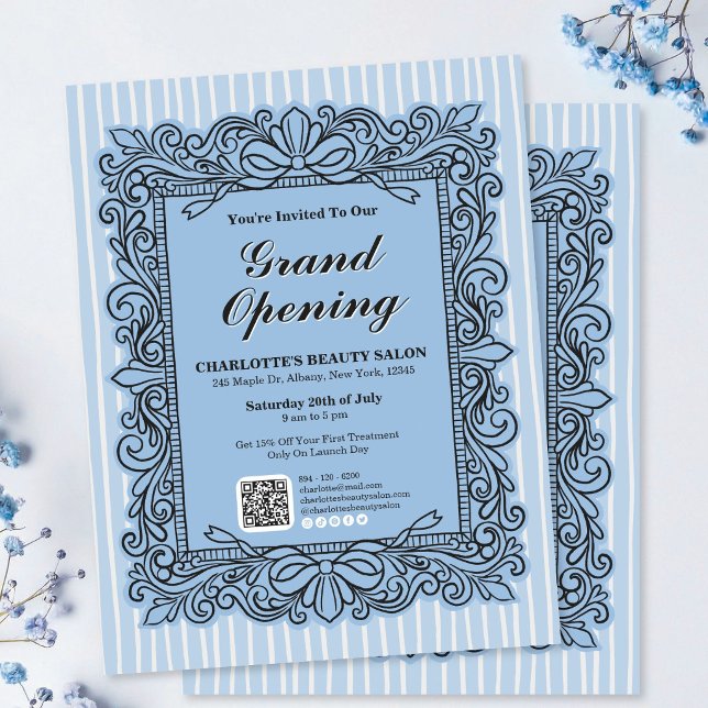 Hellblauer verzierter Bogenrahmen Flyer für die gr (Light Blue Ornate Bow Frame Grand Opening Flyer)