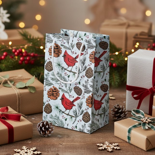 Hellblauer Winter Roter Kardinal und Kieferknochen Kleine Geschenktüte (Elegant Red Cardinal Gift Bags. Rustic Cardinal Birds, Pinecones, Pine Winter Pattern in Light Blue.)