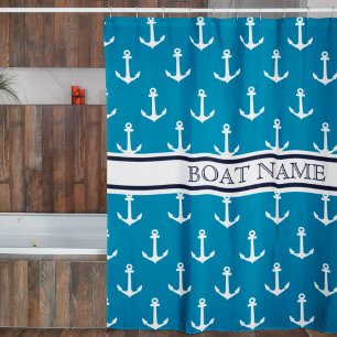 Hellblaues Anker Muster Nautilisches Bootsname  Duschvorhang