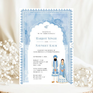 Hellblaues Aquarell-Bogenrahmen Sikh-Hochzeit Einladung
