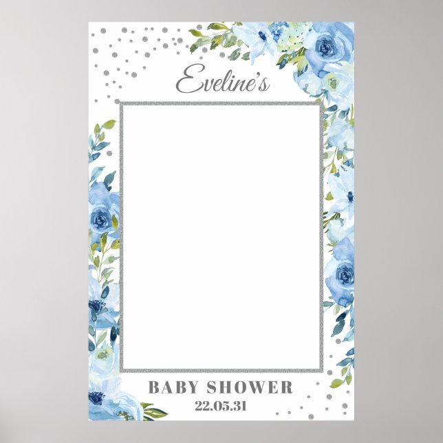 Hellblaues Blumen-Silber-Baby-Shower-Foto-Requisit Poster (Vorne)
