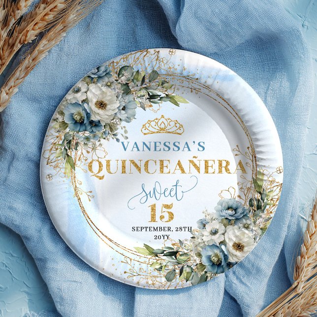 Hellblaues florales Wasserfarben-Gold-Glitter-Part Pappteller (Light Blue Floral Watercolor Gold Glitter Party Plates)