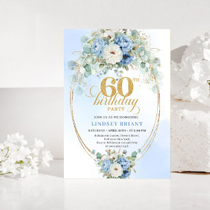 Hellblaues Florales Weiß Pfingstrose Gold 60. Gebu Einladung