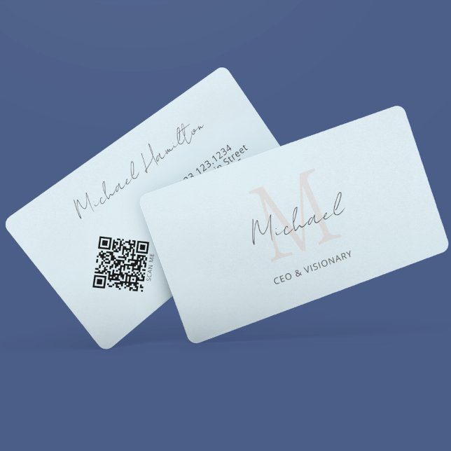 Hellblaues Monogramm QR-Code Visitenkarte (Von Creator hochgeladen)