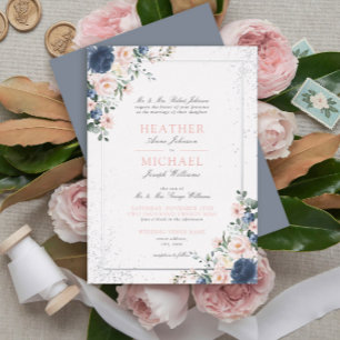 Hellblaues Rosa Florales Silber Hochzeitskleid Folieneinladung