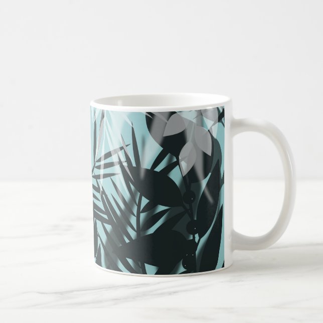 Hellblaues schwarzes tropisches Muster Kaffeetasse (Rechts)