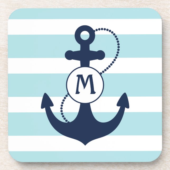 Hellblaues Seeanker-Monogramm Getränkeuntersetzer (Vorderseite)