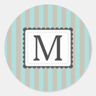 Hellblaues u. beige Streifen-Gewohnheits-Monogramm Runder Aufkleber