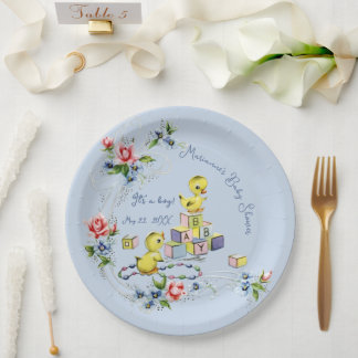 Hellblaues Vintage-Baby-boy-Baby-Shower Pappteller