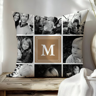 Hellbraune Monogramm-Familienfoto-Collage Kissen