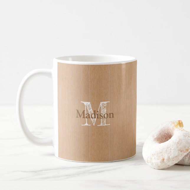 Hellbraunes Holzkorn Custom Monogram Kaffeetasse (Mit Donut)
