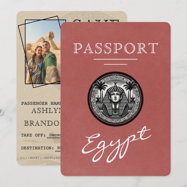 Hellburgunder Ägypten Reisepass Hochzeit Save The Date (Vorne/Hinten)