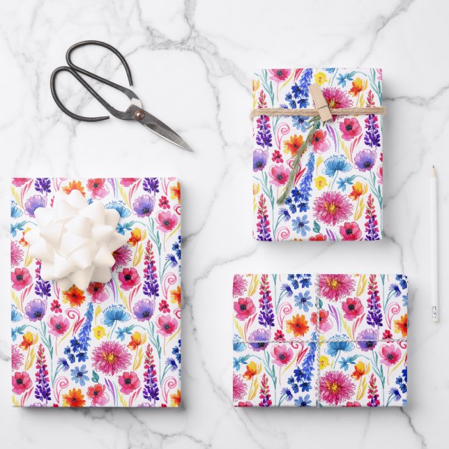 Helle abstrakte Aquarell-Blumen Geschenkpapier Set (Vorderseite)