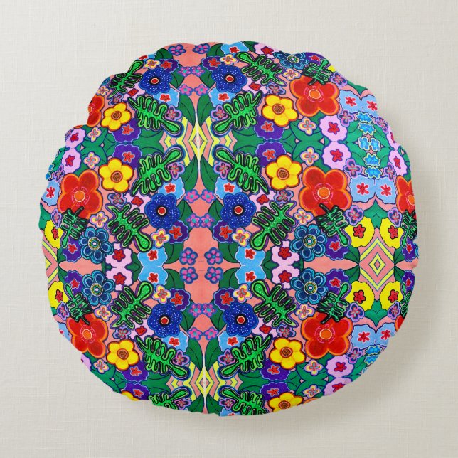 Helle Abstrakte Blume Art Rundes Kissen (Vorderseite)
