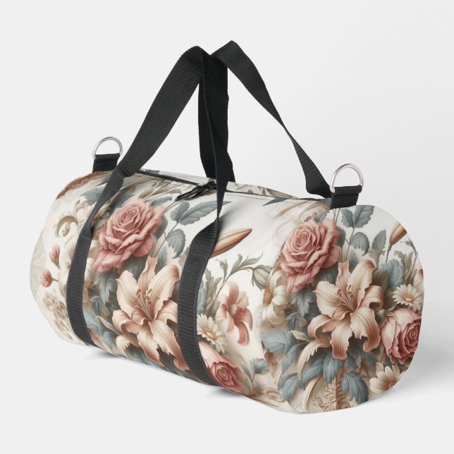 Helle antike Blumenperfektion Duffle Bag (Linke Seite)