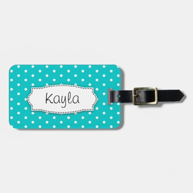 Helle Aqua Blume Polka Punkte mit Namen Gepäckanhä Gepäckanhänger (Vorderseite horizontal)