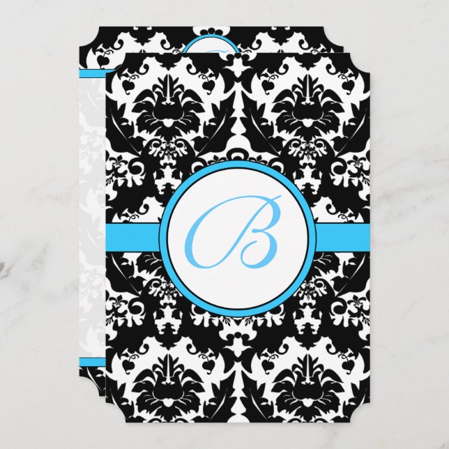 Helle Aqua Damask Herzklopfe Wirbel Hochzeitsfeier Einladung (Vorne/Hinten)