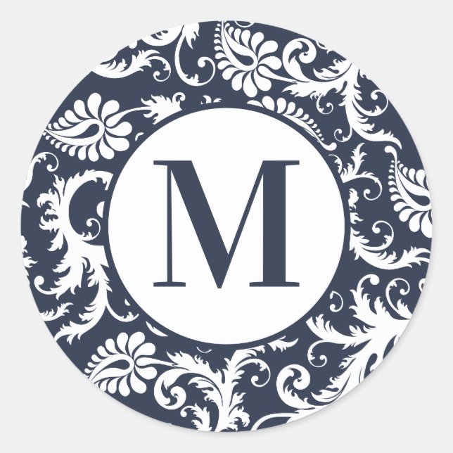 Helle Aqua-Damask-Monogramm-Hochzeitsaufkleber Runder Aufkleber (Vorderseite)