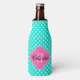 Helle Aqua-Weiß gepunktet Hot Pink Quatr Name Init Flaschenkühler