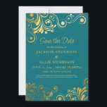Helle Aquamarin Gold Blüh Foto Hochzeit Save The Date<br><div class="desc">Helle, mutige aquamarine Hochzeit Save the Date betont mit eleganten und lustigen goldenen Wirbel und Schnörkeln. Personalisiert mit Ihren Informationen auf der Vorderseite und Ihrem Foto auf der Rückseite. Kontaktieren Sie mich, um Hilfe bei Ihren Anpassungen zu erhalten oder um zusätzliche Matching oder Koordination von Zazzle Produkten für Ihre besonderen...</div>