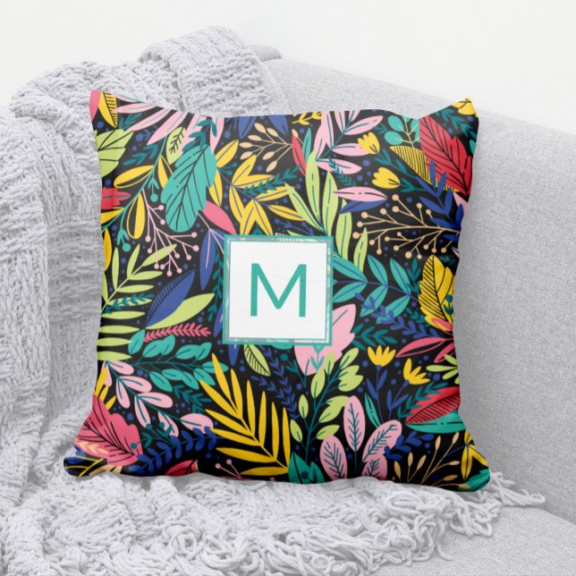 Helle Aquamarine Monogram Moderne Blätter Line Art Kissen (Modern Bright and Colorful Cheery Leaves Pattern Pillow with Teal Monogram)