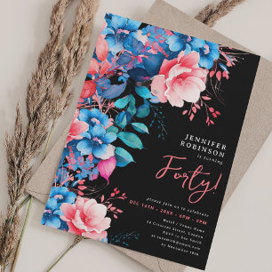 Helle Aquarellblume 40. Geburtstag Schwarz Einladung