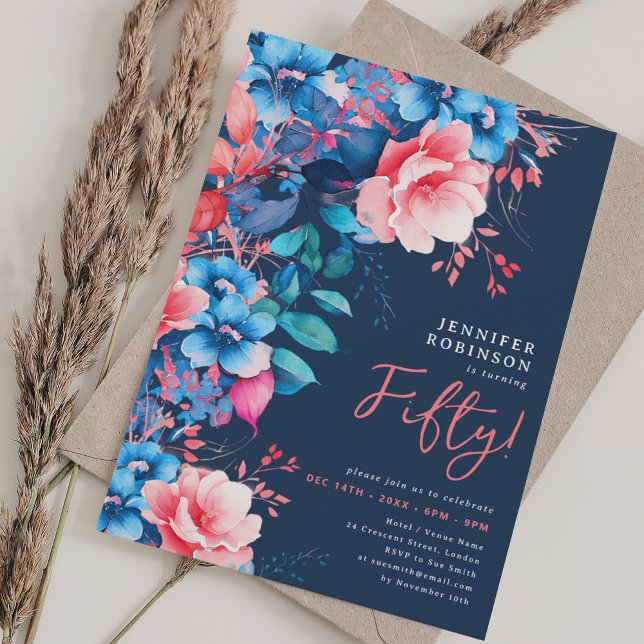 Helle Aquarellblume 50. Geburtstagsnacht Einladung (Bright Watercolor Floral 50th Birthday Navy Invitation)