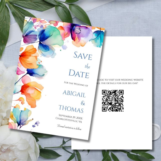 Helle Aquarellblume Moderne QR Code Hochzeit Save The Date (Bright Watercolor Florals, Blue Orange Purple Wedding Save the Date Card with QR code)