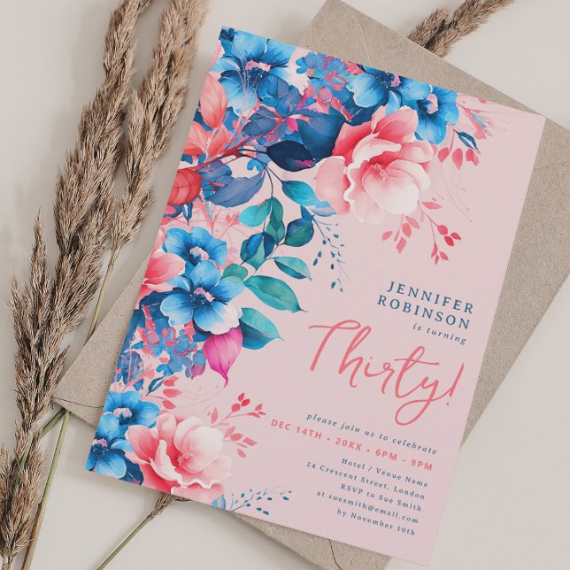 Helle Aquarellblüte 30. Geburtstagsblüte Einladung (Bright Watercolor Floral 30th Birthday Blush Invitation)