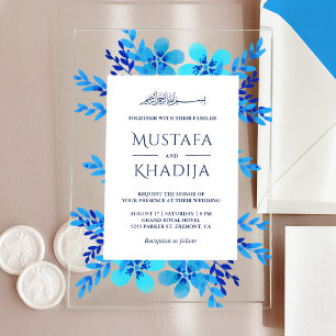 Helle Blaue Aquarell-Blumen islamische Hochzeit Acryleinladungen