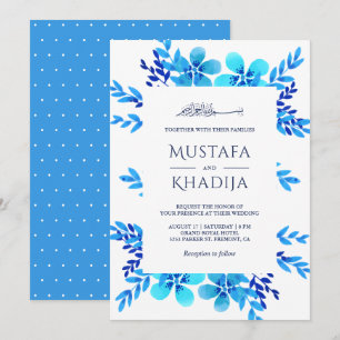 Helle Blaue Aquarell-Blumen islamische Hochzeit Einladung