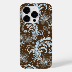 Helle blaue Blumenschwünge auf Braun Case-Mate iPhone 14 Pro Hülle