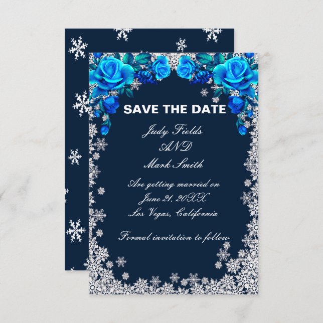 Helle blaue Rose Schneeflocken Save the Date Weihn (Vorne/Hinten)