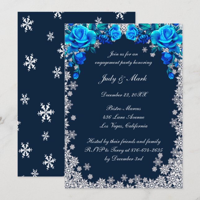 Helle blaue Rose Snowflake Engagement Party Einladung (Vorne/Hinten)
