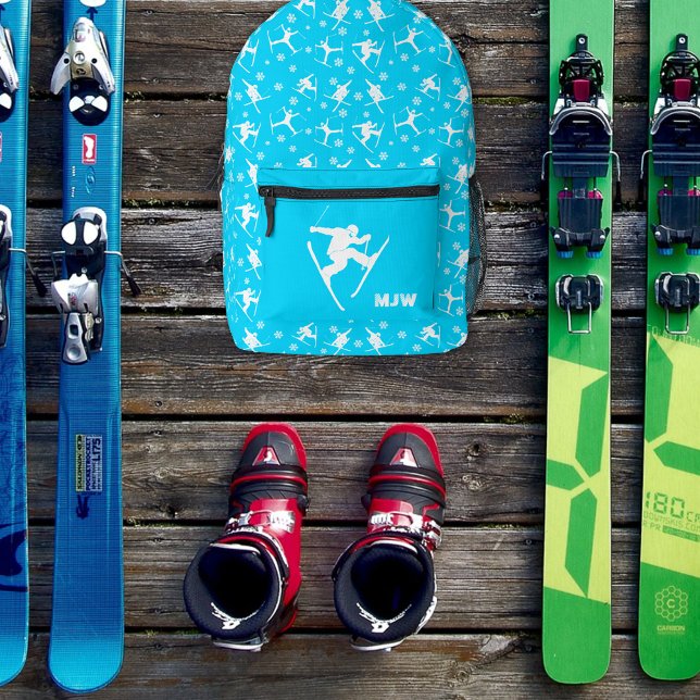 Helle blaue Skifahrer und Skitouren Winterthema Bedruckter Rucksack (Von Creator hochgeladen)