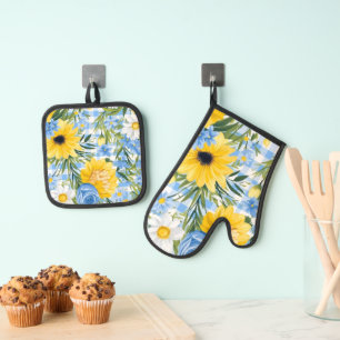 HELLE BLAUE WHITE YELLOW SPRING BLUMEN OFENHANDSCHUH & Topflappen-Set