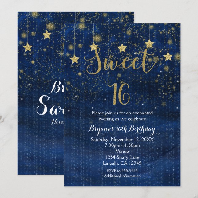 Helle Blue & Gold Stars Sweet 16 Party Einladungen (Vorne/Hinten)