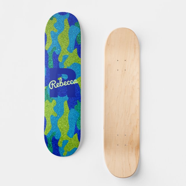 Helle Blue & Green Camouflage Glitzer Camouflage N Skateboard (Vorderseite)