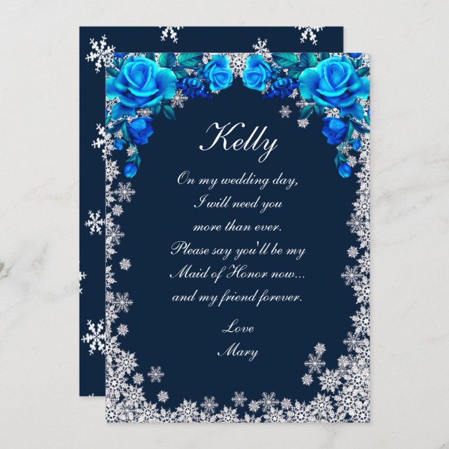 Helle Blue Rose Snowflake Weihnachten Trauzeugin Einladung (Vorne/Hinten)