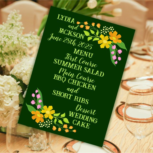 Helle Blume auf tiefgrüner Hochzeit Menükarte (Von Creator hochgeladen)