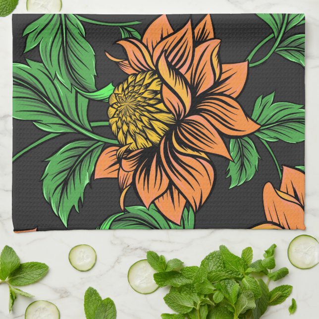 Helle Blume Pop aus schwarzem Hintergrund Geschirrtuch (Gefaltet)