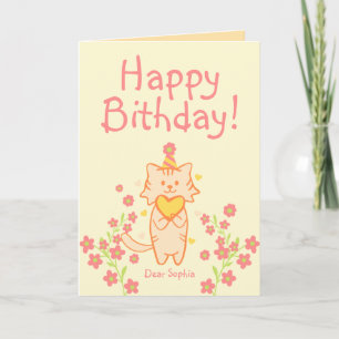 Helle Blume&Süße Katze mit Hut&Herz Geburtstag Karte