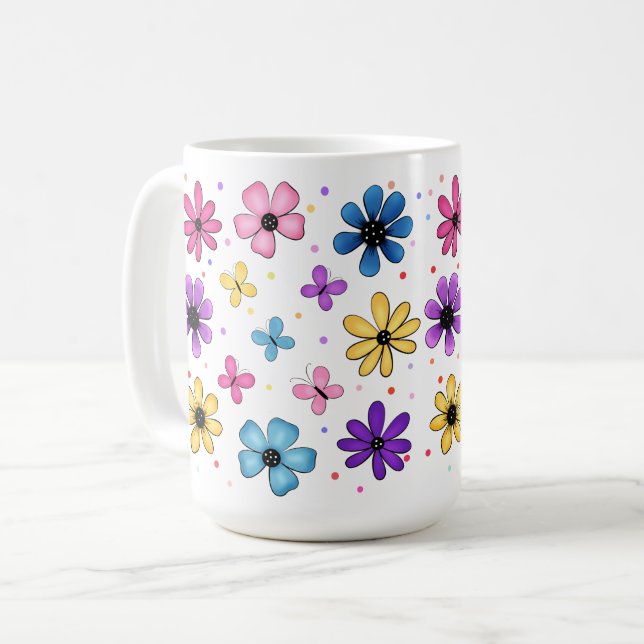 Helle Blume und Schmetterlinge Kaffeetasse (Vorderseite Links)