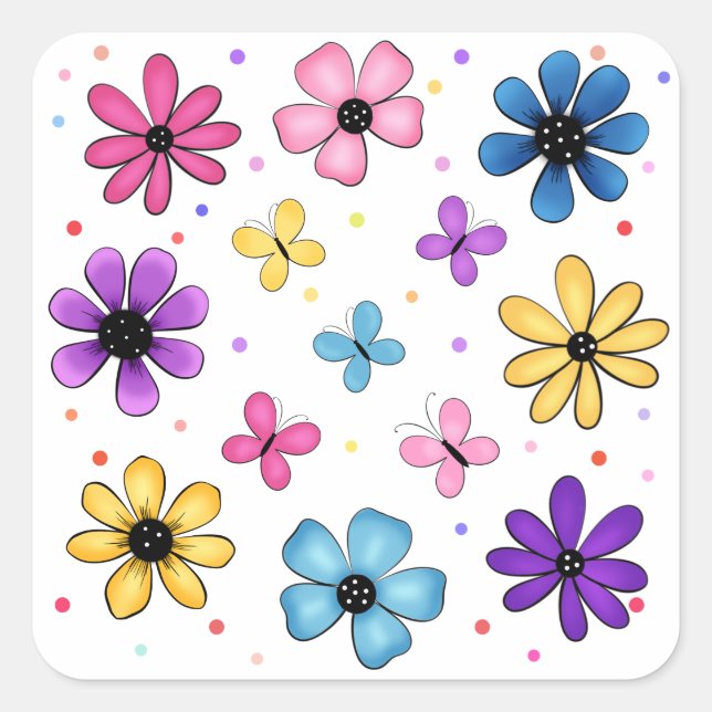 Helle Blume und Schmetterlinge Quadratischer Aufkleber (Vorderseite)