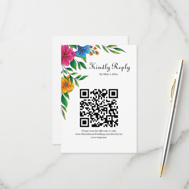 Helle Blumen Frühling Sommer Hochzeit QR-Code RSVP Karte (Vorderseite/Rückseite Beispiel)
